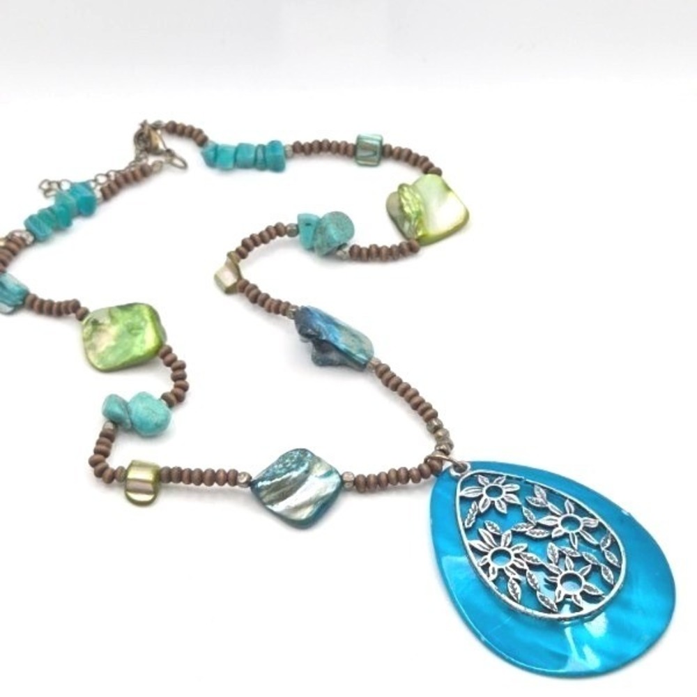 Teal Blue Stone and Shell Necklace Brown Wood Beads Silver Tone on Shell Pendant